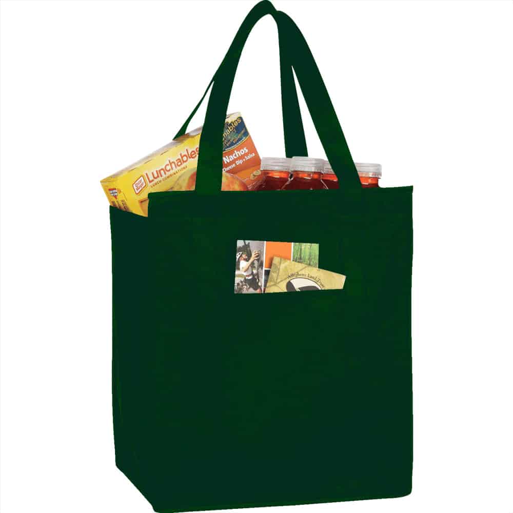 A black insulated grocery tote filled with drink bottles and a snack box, featuring a pocket on the front.