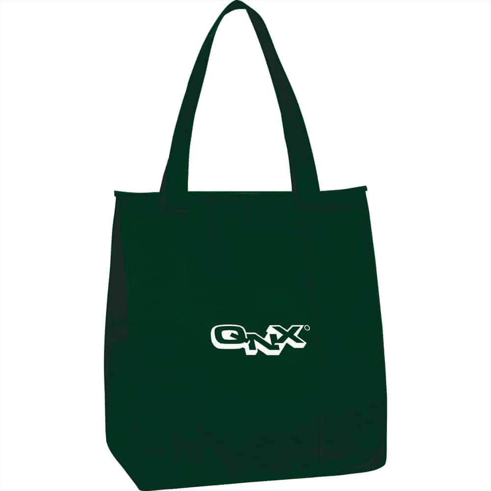 A dark green insulated grocery tote bag with two handles and a logo on the front.