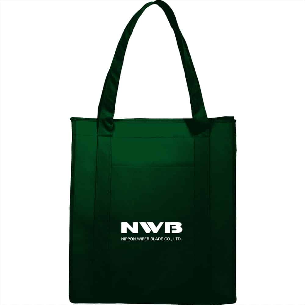A green insulated grocery tote bag with two handles and a logo on the front.