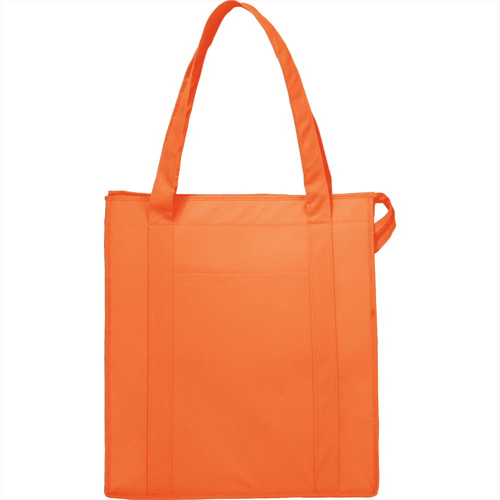An orange insulated grocery tote bag with two handles and a side pocket. Features a branding logo.