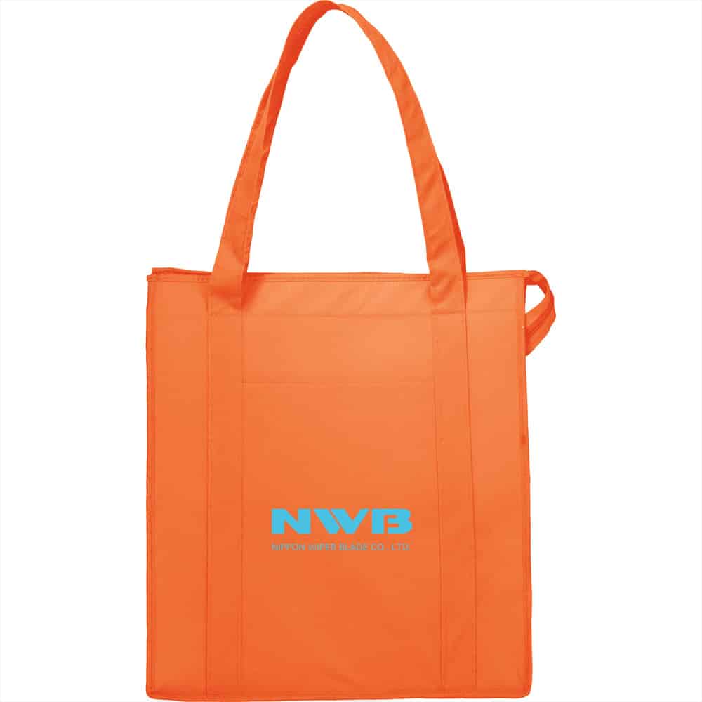 An orange insulated grocery tote with sturdy handles and a logo on the front. It has a simple, sleek design.