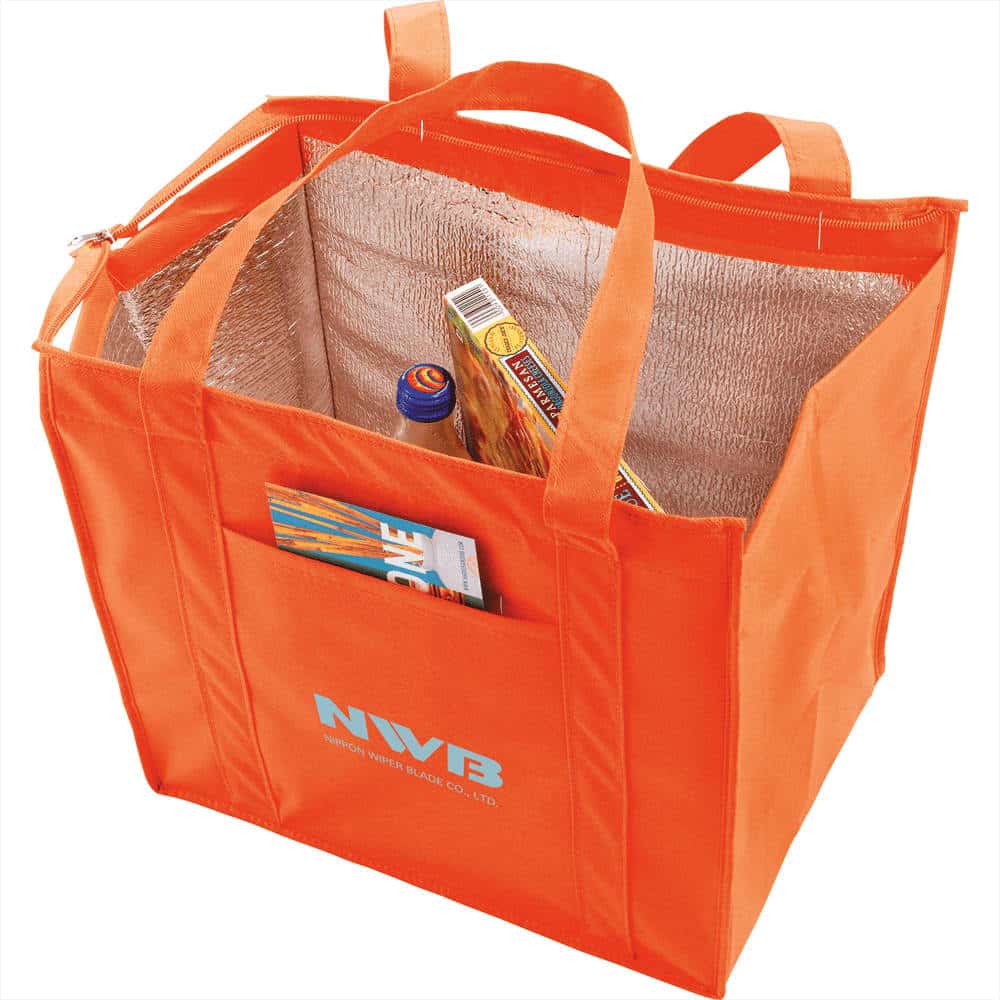 An orange insulated grocery tote with a silver interior and a small pocket, featuring handles for easy carrying.
