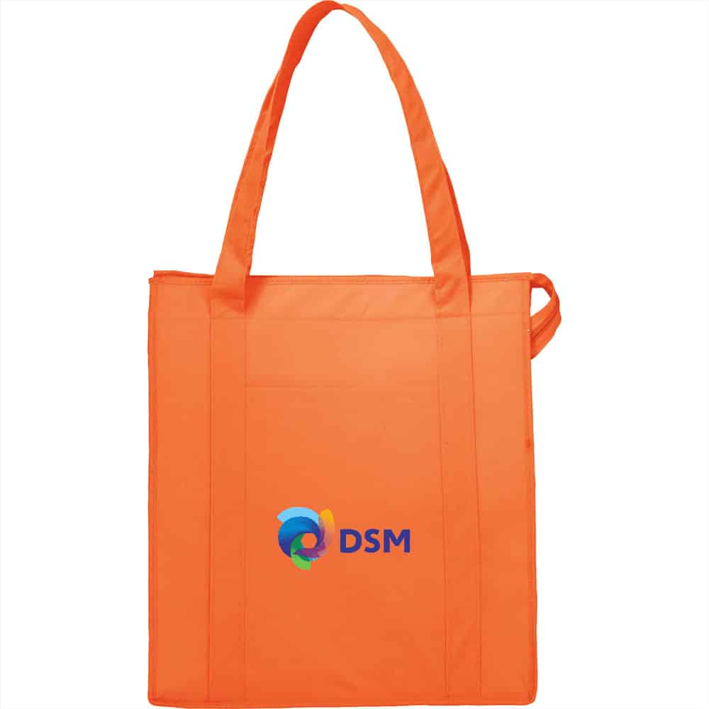 An orange insulated grocery tote bag with shoulder straps and a logo on the front.