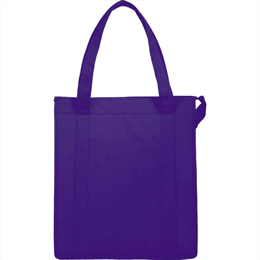 A purple insulated grocery tote with two handles and a front pocket. It features branding on the side.