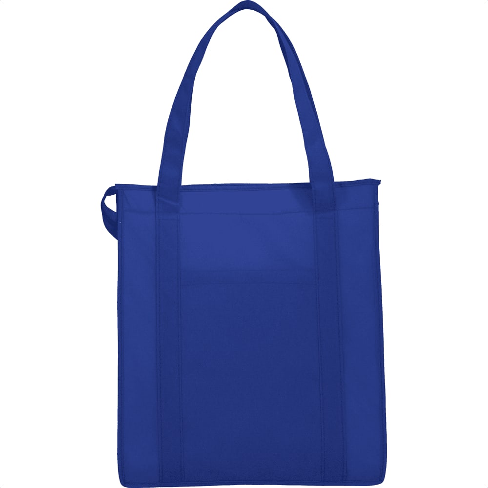 A blue insulated grocery tote bag with two handles and a front pocket. It features a logo.