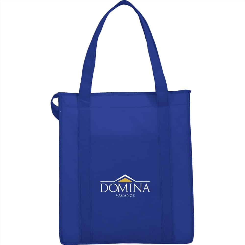 A blue insulated grocery tote with two handles and a logo on the front.