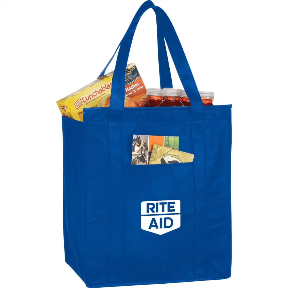 A blue insulated grocery tote filled with snacks and drink bottles, featuring a logo on the front.