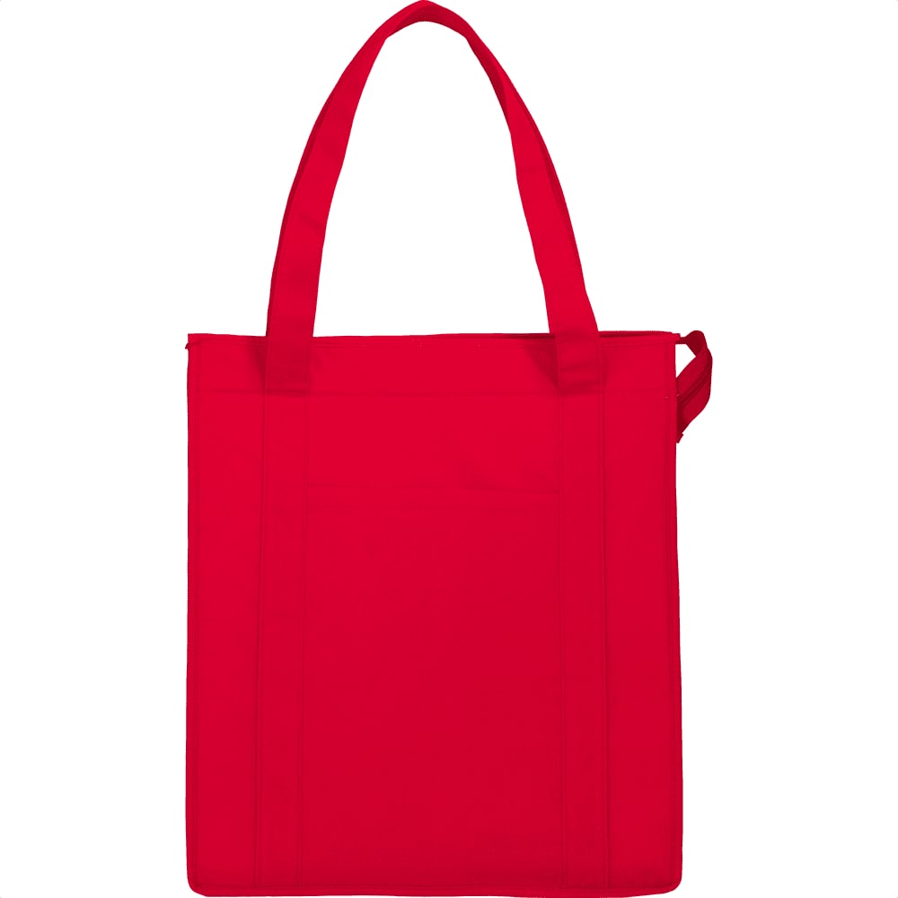 A bright red insulated grocery tote bag with two shoulder straps and a front pocket. Features a logo.