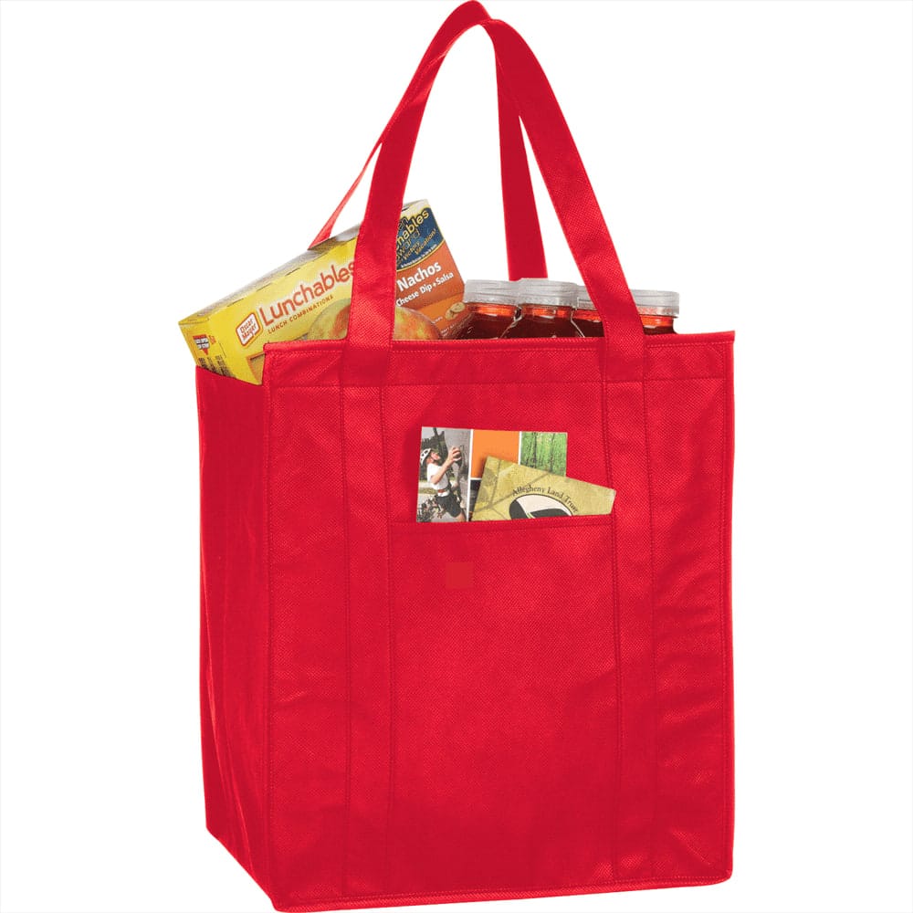 A red insulated grocery tote filled with snacks, drinks, and food items, featuring a front pocket and handles.