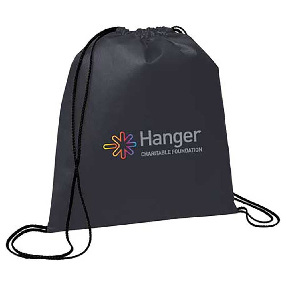 A black non-woven drawstring sportpack with a logo on the front, featuring two drawstrings for closure.