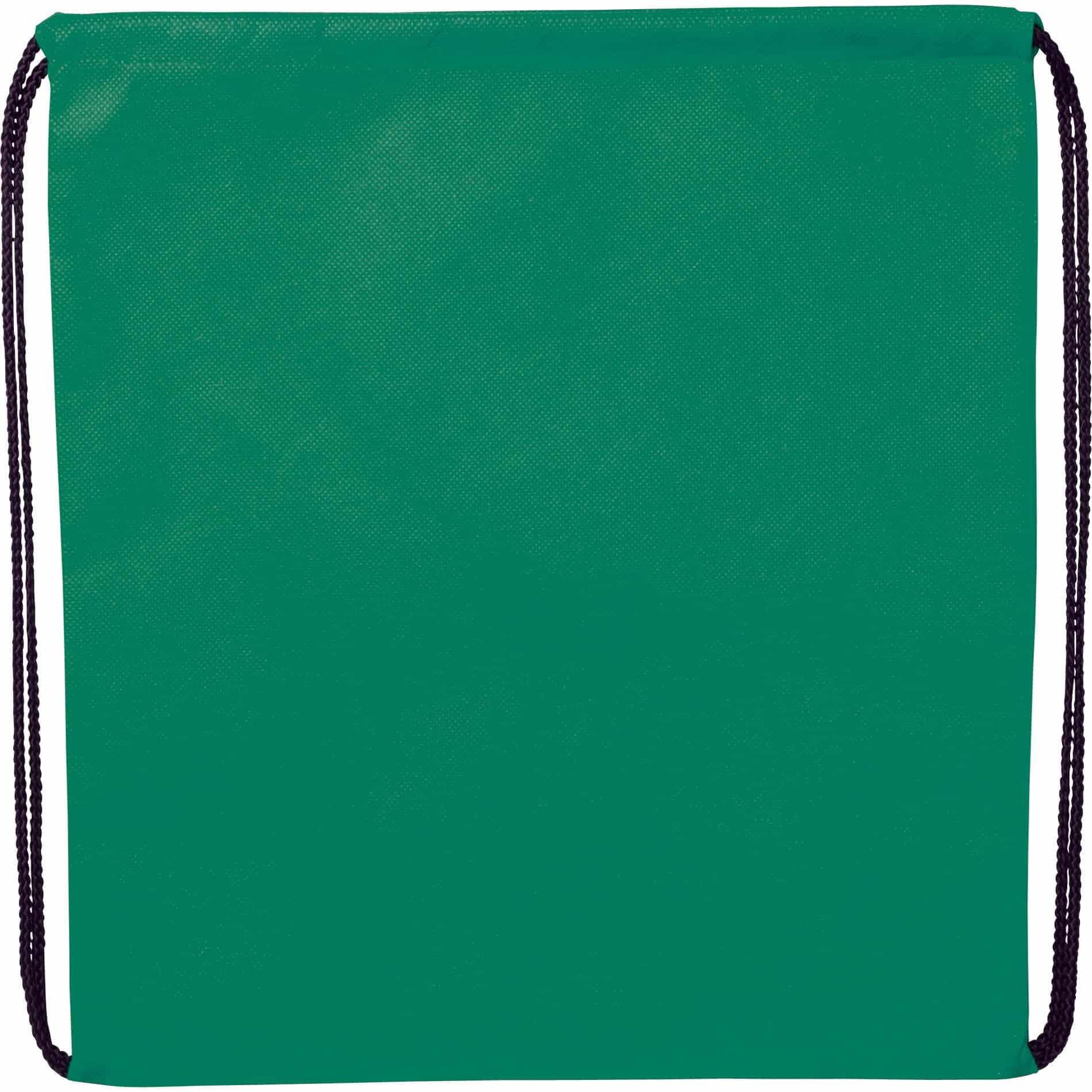 A green non-woven drawstring sportpack with black cords, featuring a plain design and a logo.