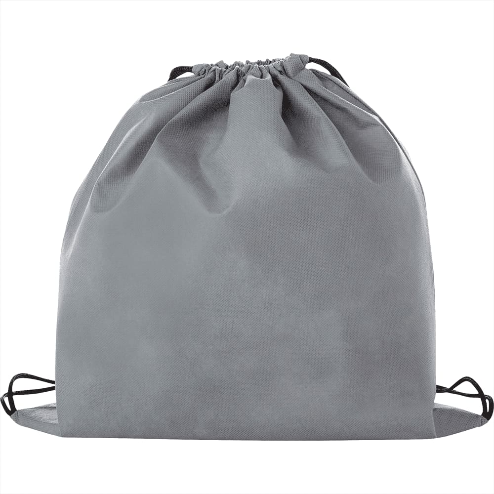 A grey non-woven drawstring sportpack featuring a reinforced bottom and a branding area.