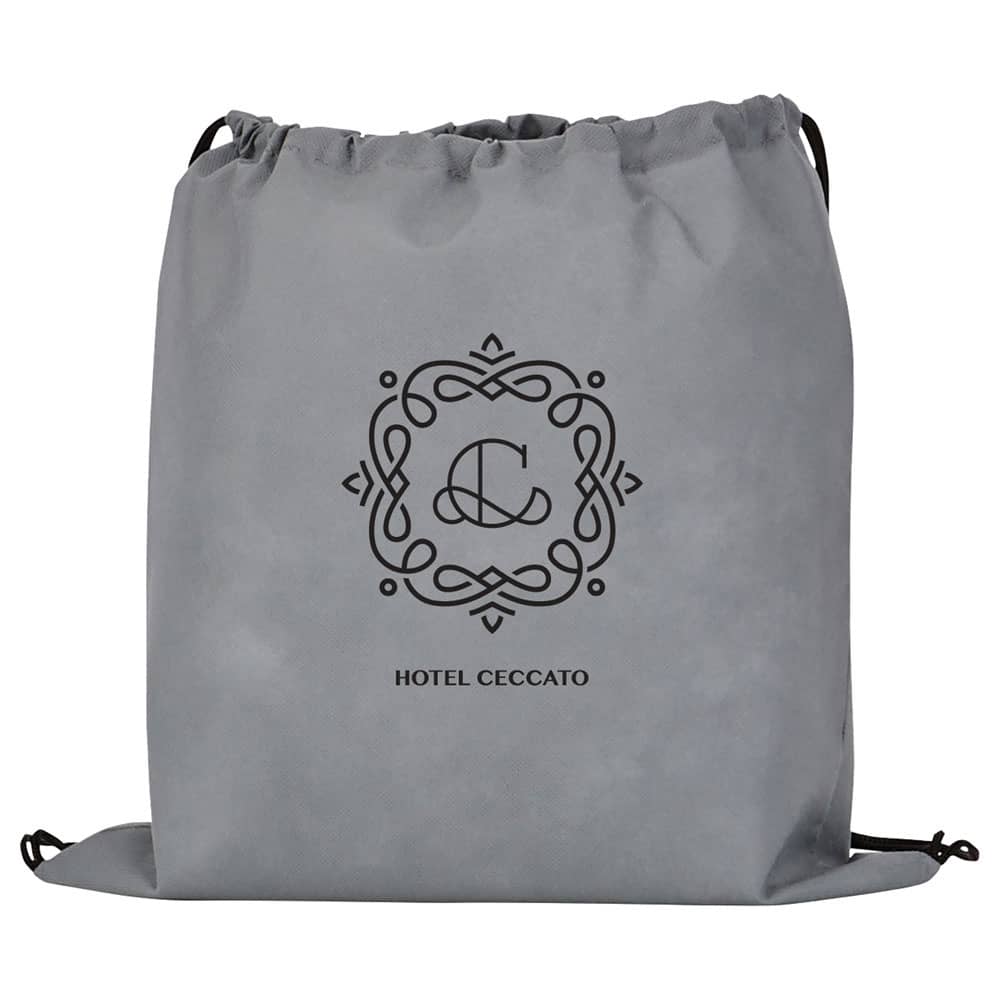 A grey non-woven drawstring sportpack with a decorative logo design.