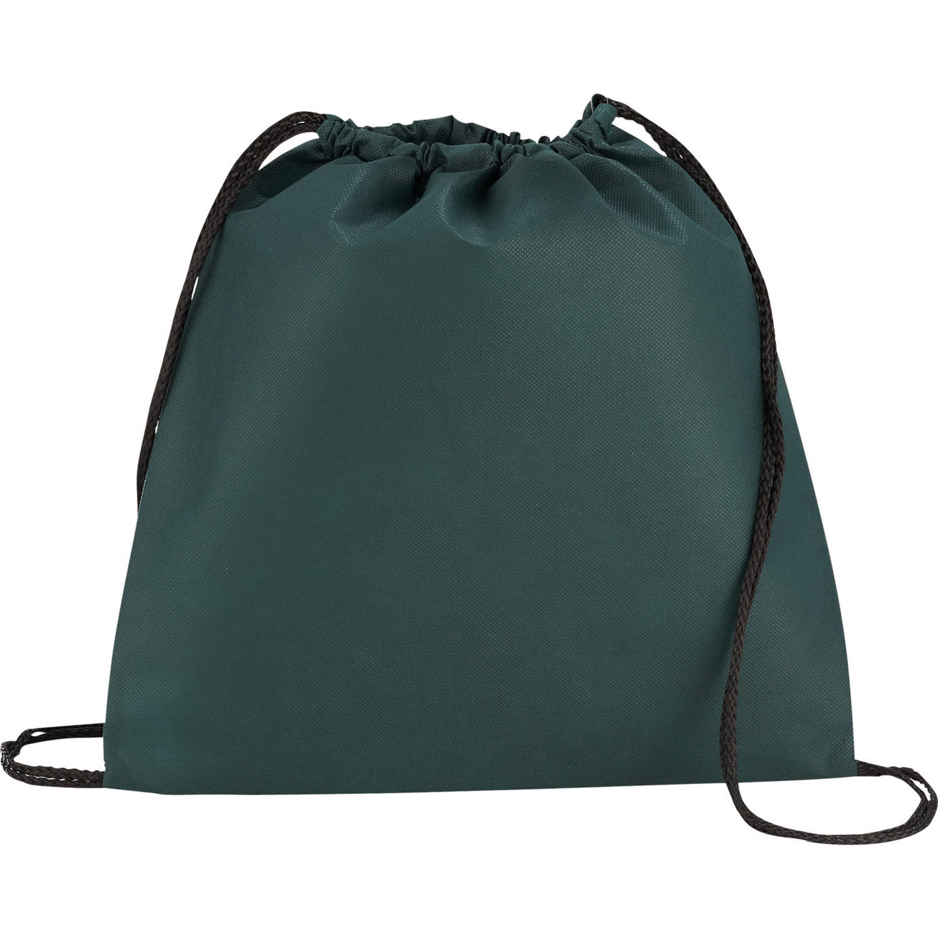 A dark green non-woven drawstring sportpack with black drawstrings and a simple design. It features a logo.