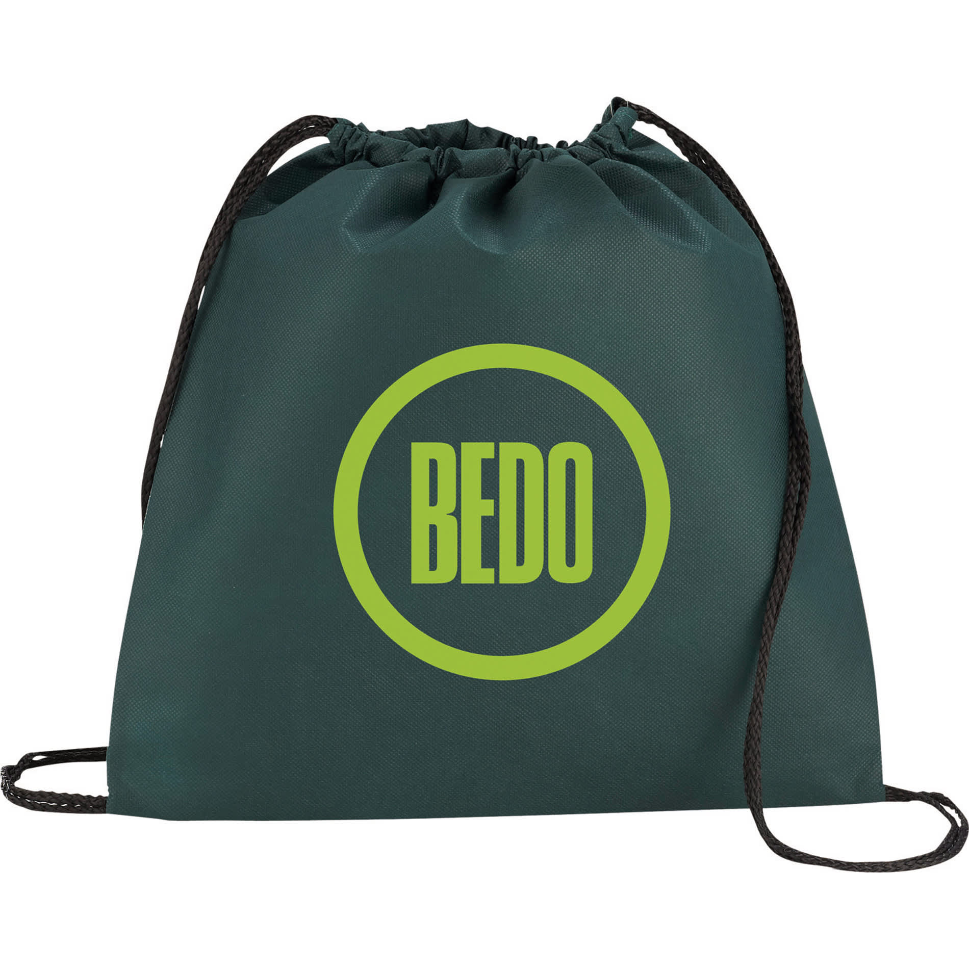 A green non-woven drawstring sportpack with a circular logo and black drawstrings.