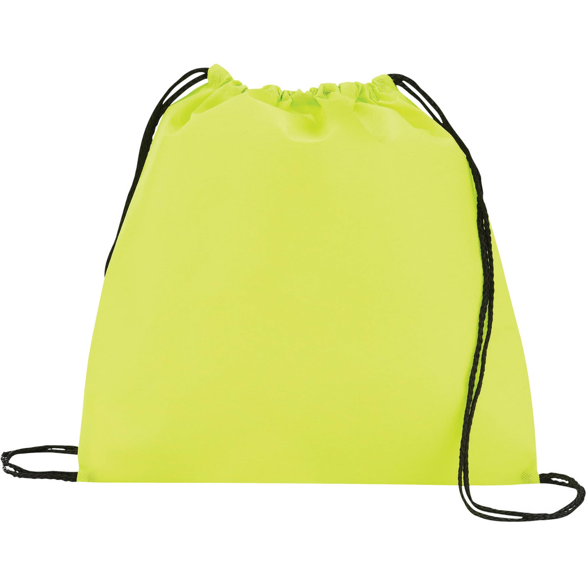 A bright yellow non-woven drawstring sportpack with black cords and a simple design. It features a logo.