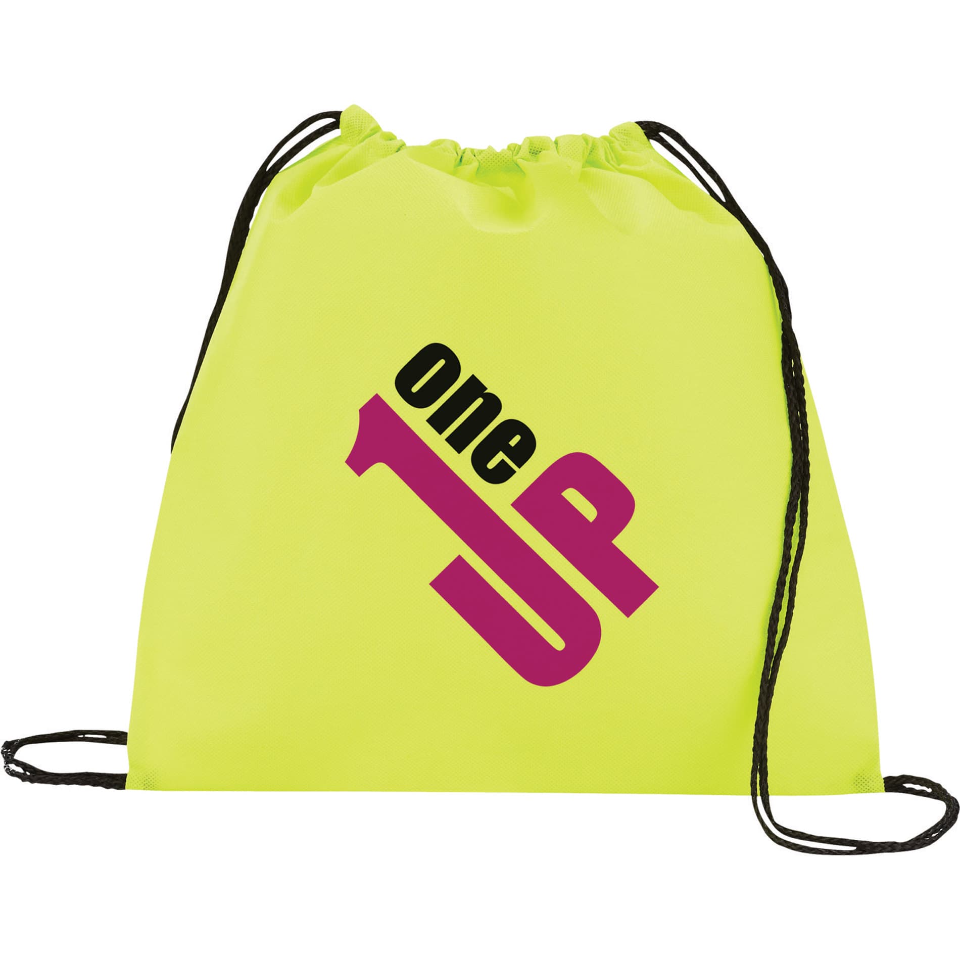 A bright yellow drawstring sportpack with black drawstrings and a logo printed in pink and black.
