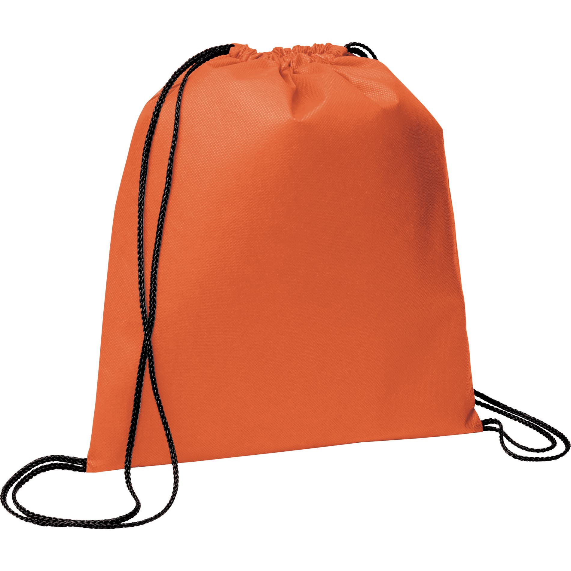 An orange non-woven drawstring sportpack with black cords and a logo on the front.