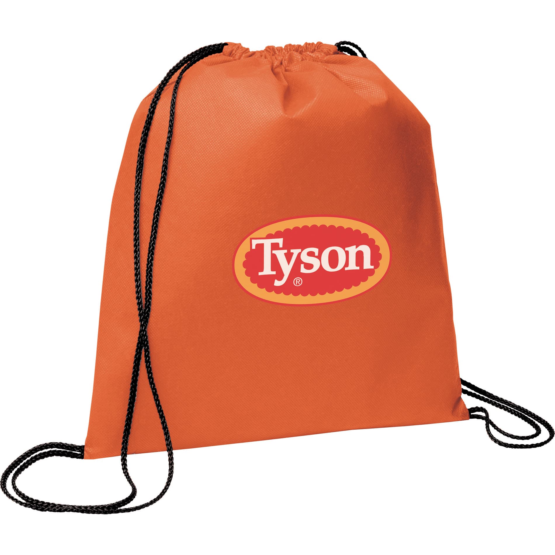 An orange non-woven drawstring sportpack with black drawstrings and a logo on the front.