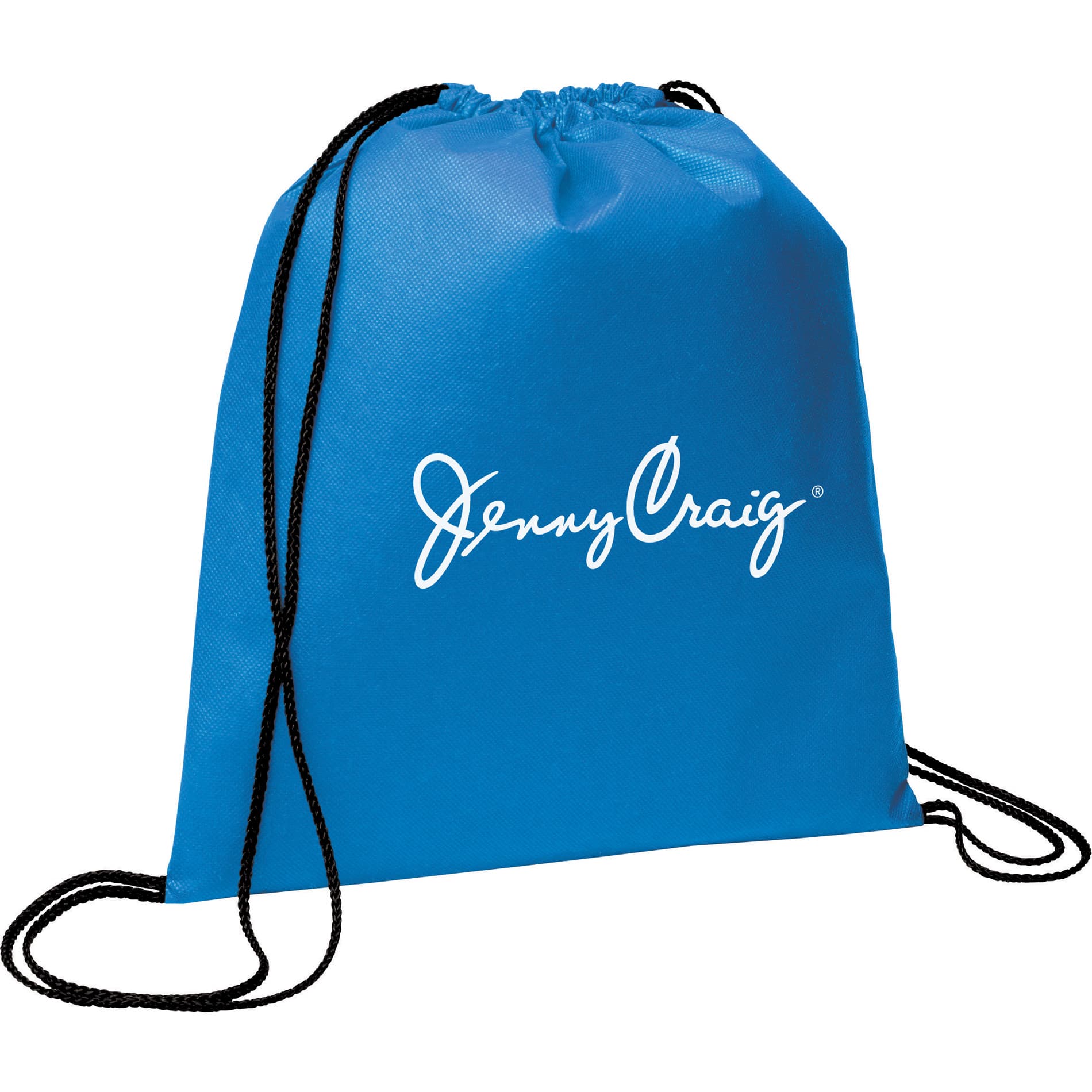 A blue non-woven drawstring sportpack with black drawstrings, featuring a logo on the front.
