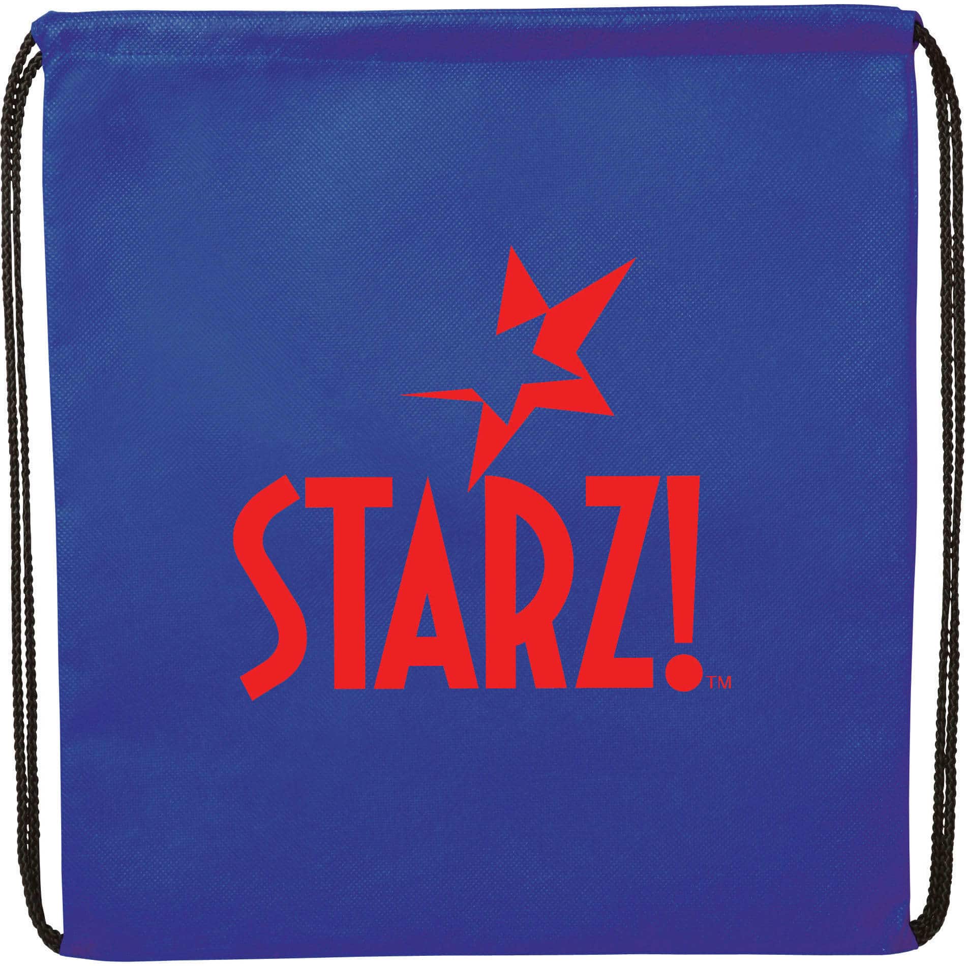 A blue non-woven drawstring sportpack with a black drawstring and a logo printed on the front.