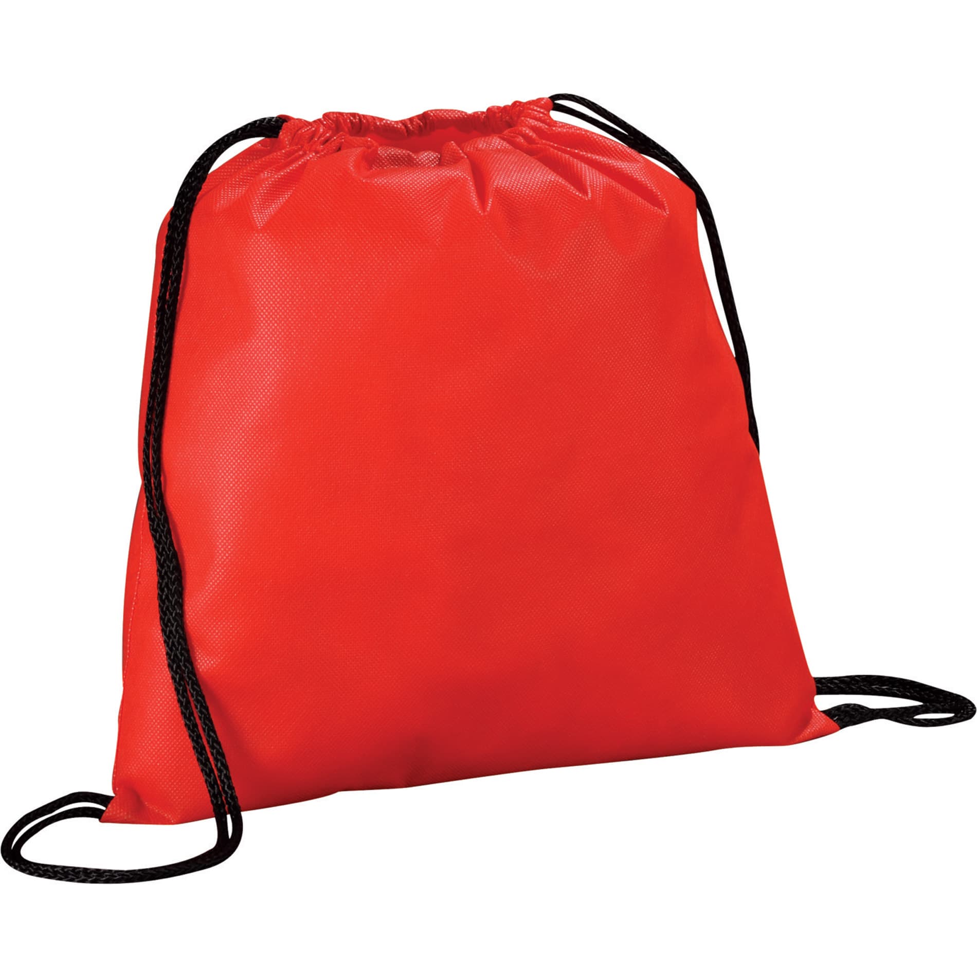 A red non-woven drawstring sportpack with black drawstrings and a simple design. Features a logo.