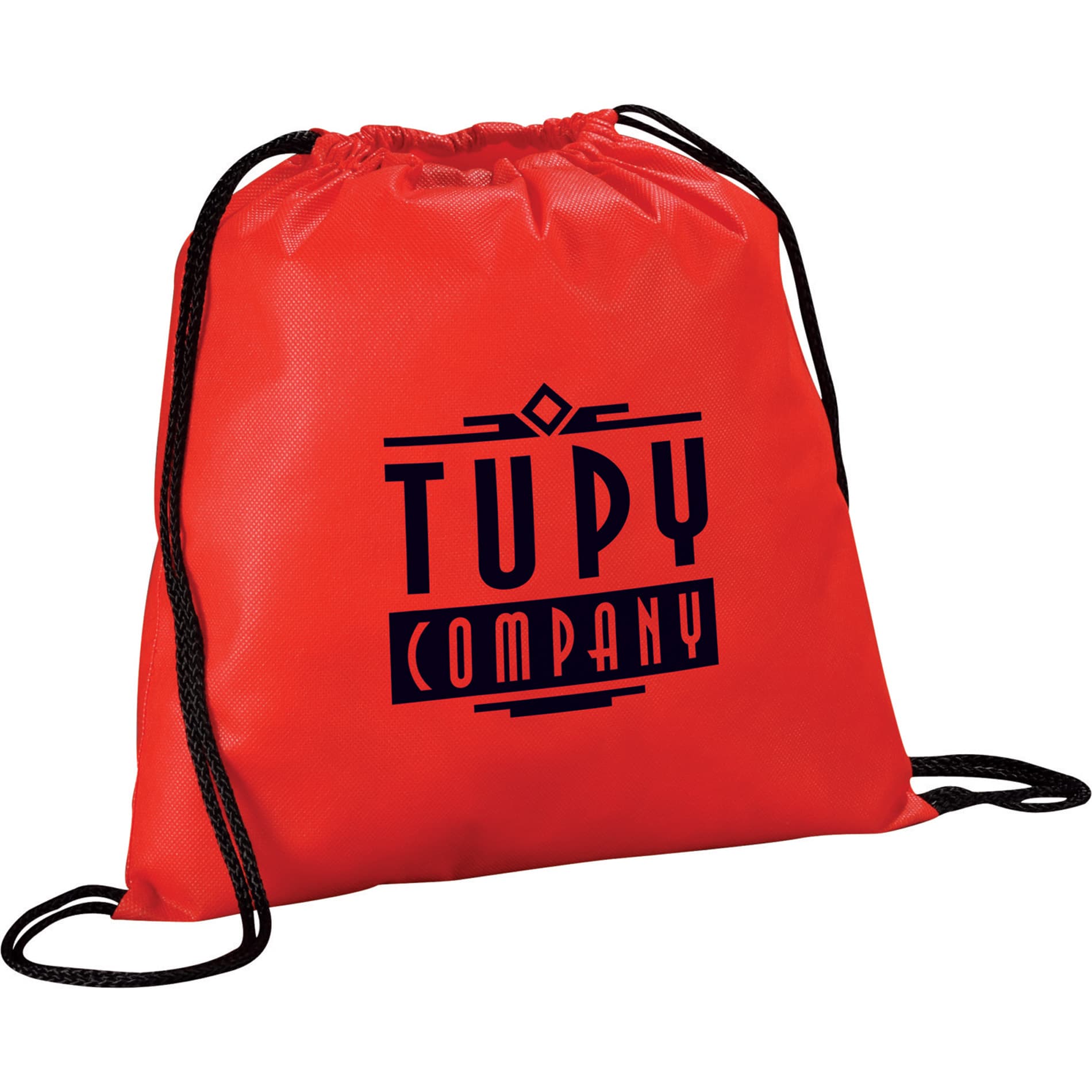 A red non-woven drawstring sportpack with black cords and a logo on the front.