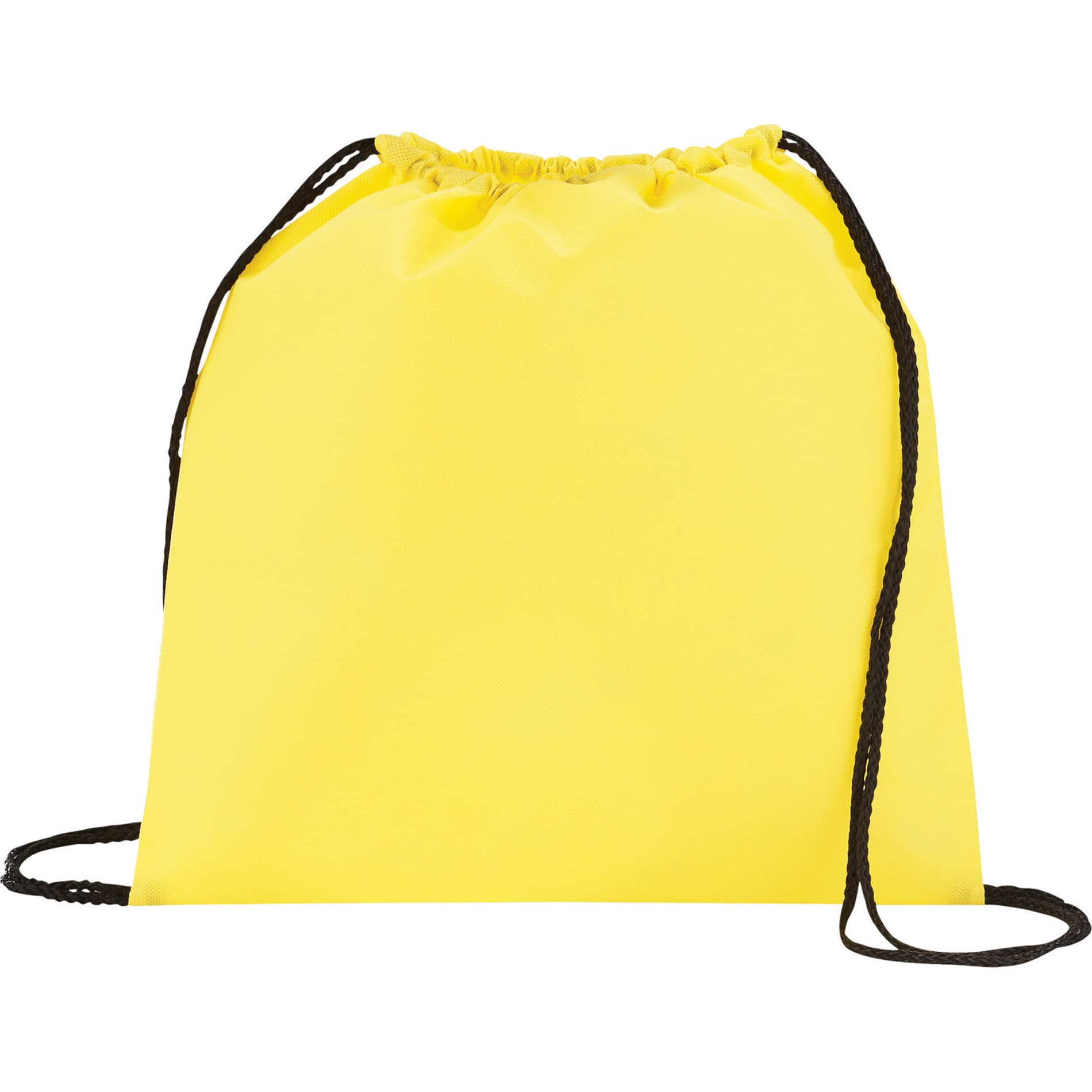 A yellow non-woven drawstring sportpack with black drawstrings. The bag has a simple design and features a logo.
