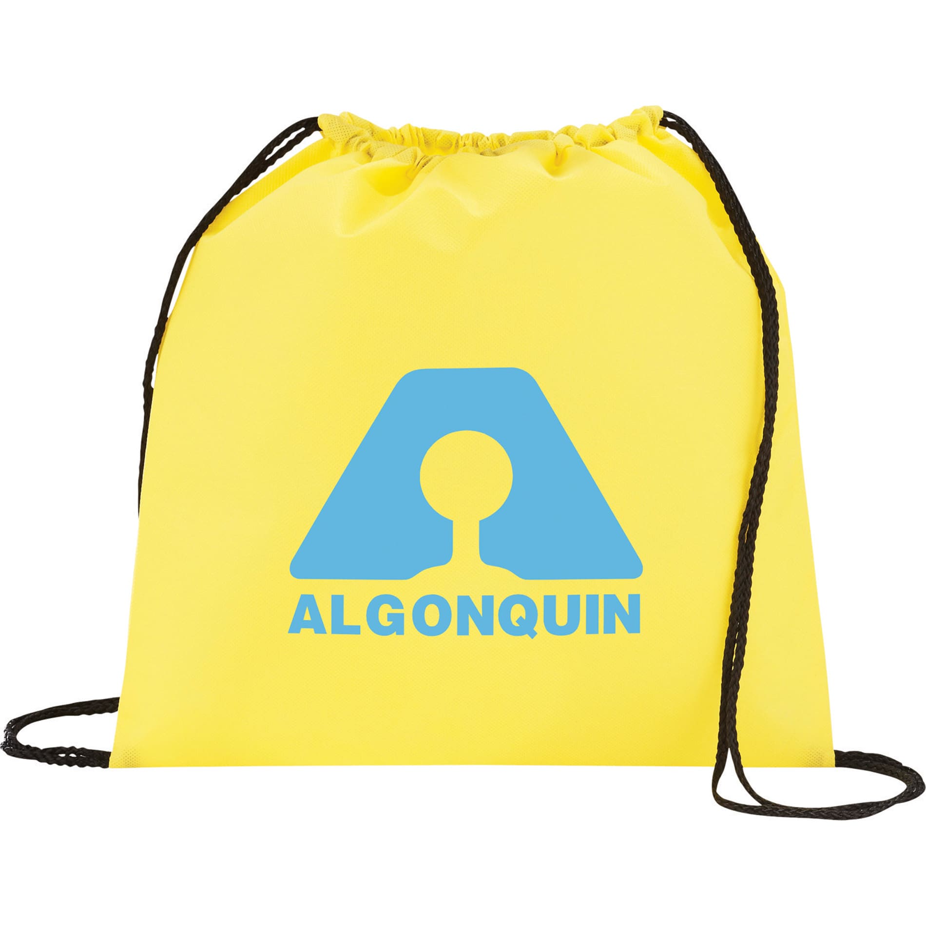 A yellow drawstring sportpack with a logo on the front and black cords.