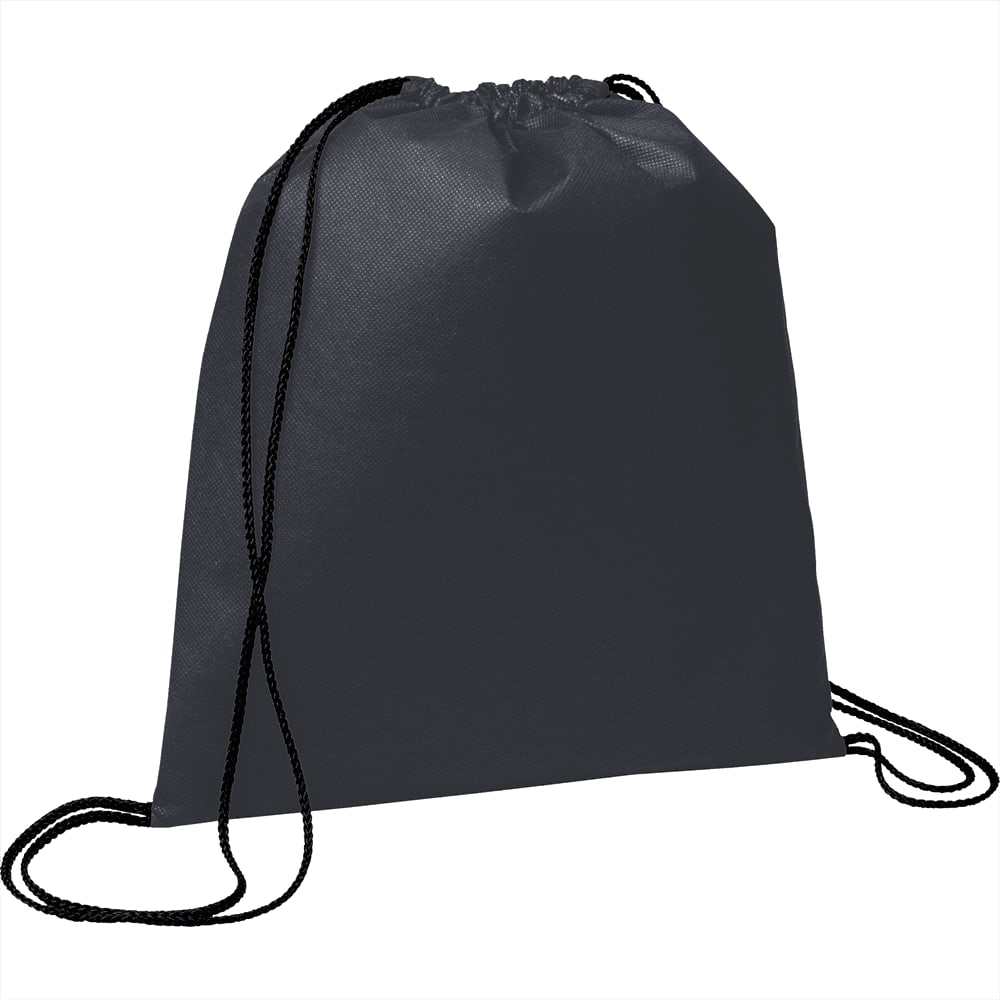 A black non-woven drawstring sportpack with adjustable black cords and a simple design. It features a logo.