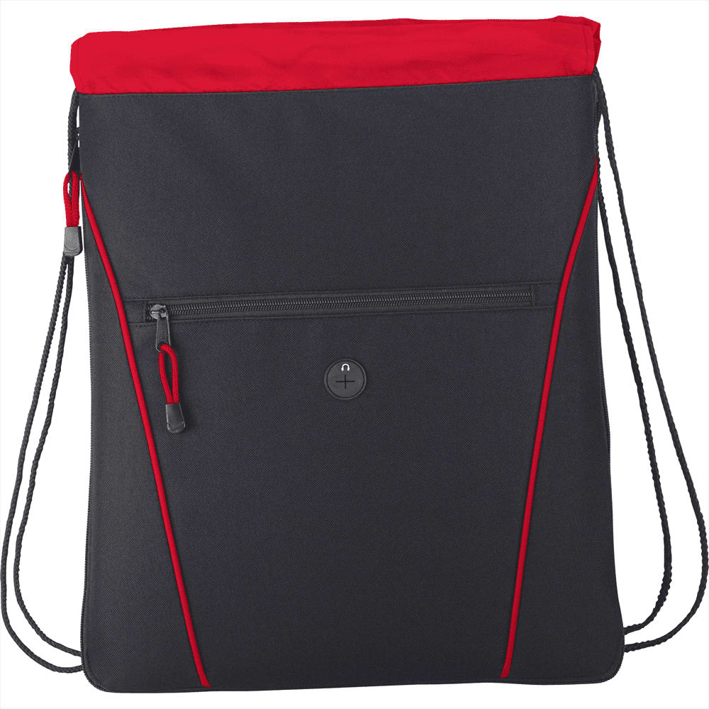 A black and red drawstring bag featuring a front pocket and a logo. Ideal for casual use or promotions.