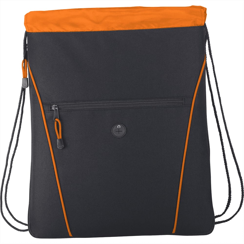 A black drawstring bag with an orange top, featuring a zipped front pocket and a logo.