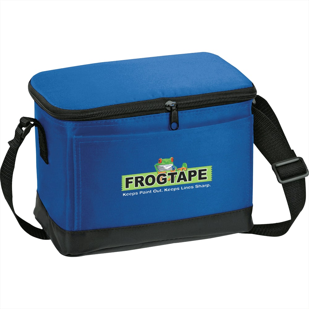 A blue cooler bag with a black base and a shoulder strap, featuring a logo on the front.