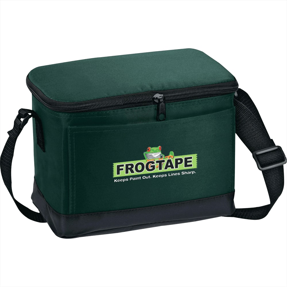 A green cooler bag with a zippered closure, featuring a logo on the front and a black base.