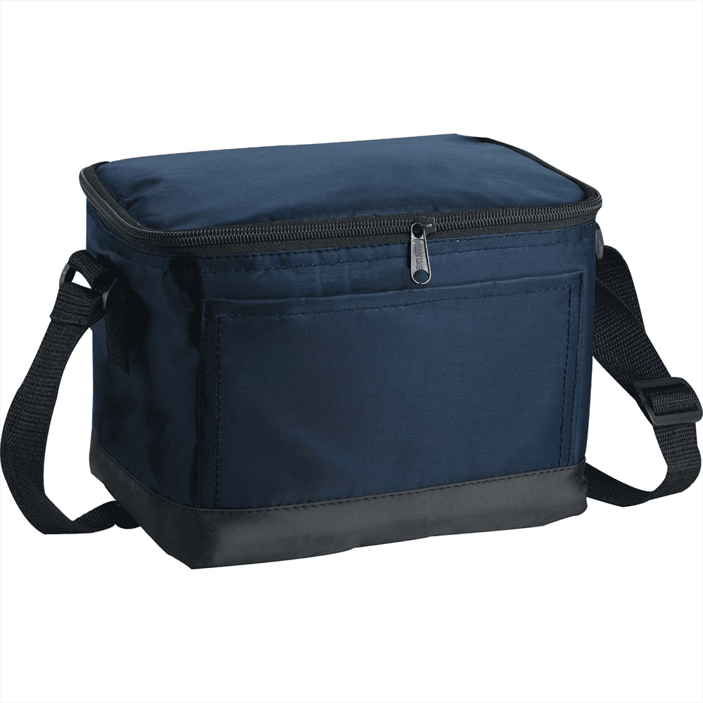 A navy cooler bag with a zippered top and an adjustable strap, featuring a front pocket and a black base.