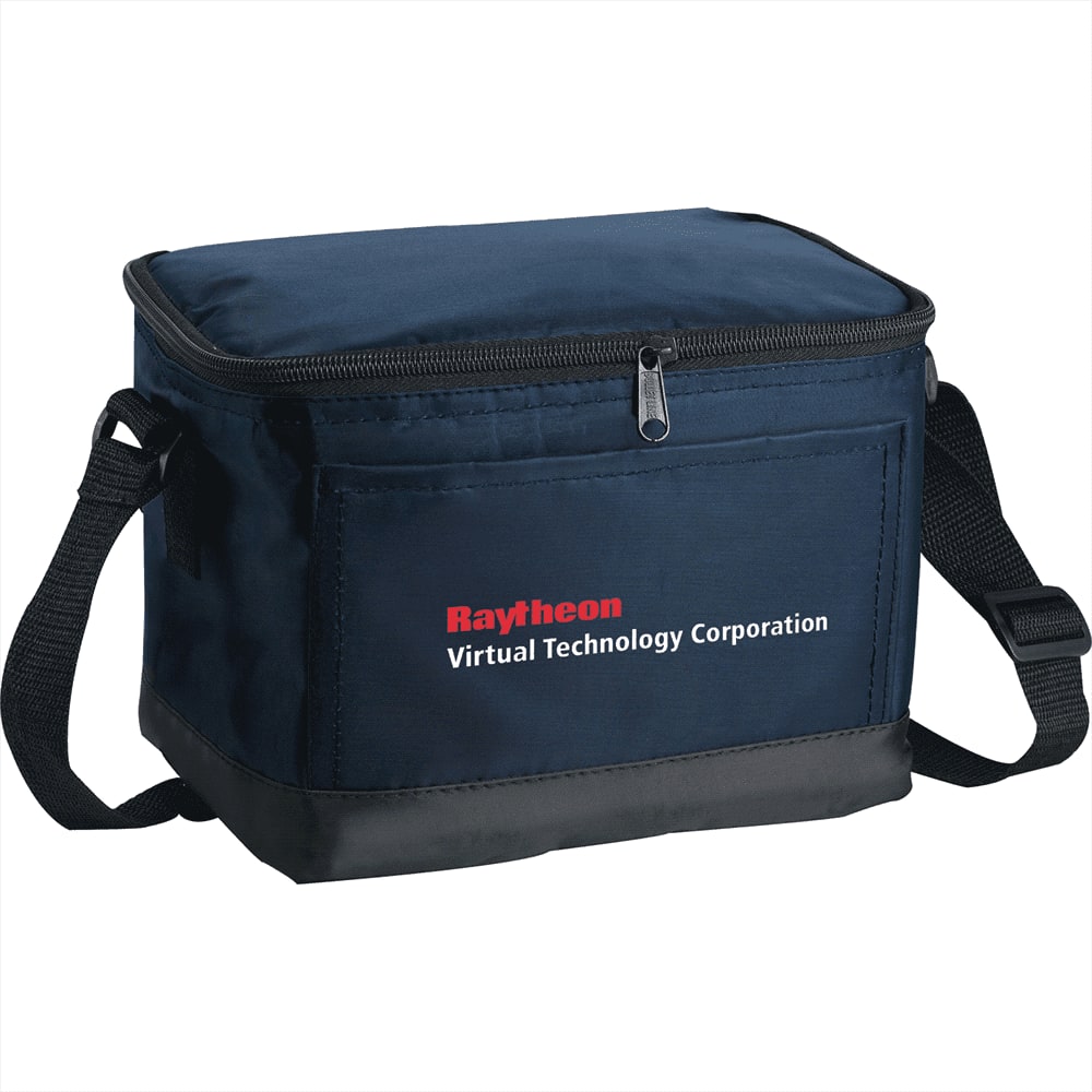 A navy cooler bag with a zip closure, featuring a strap and a logo on the front.