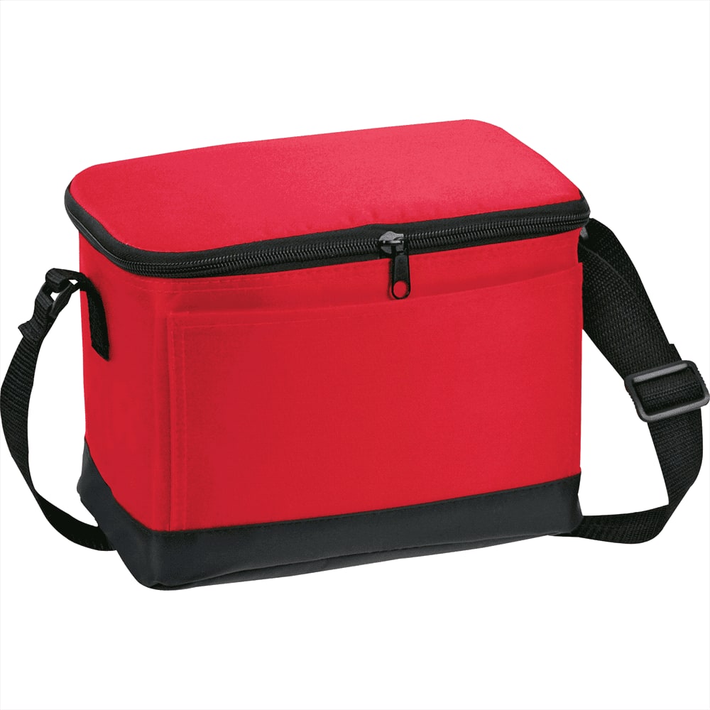 A red cooler bag with a black base and a zippered top, featuring a shoulder strap and a front pocket.