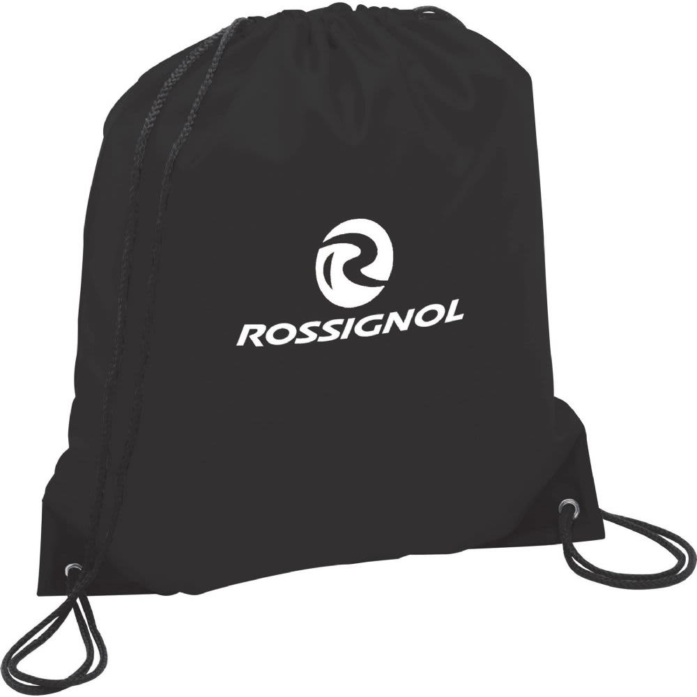 A black drawstring sportspack with a logo. The bag features two drawstrings for closing.