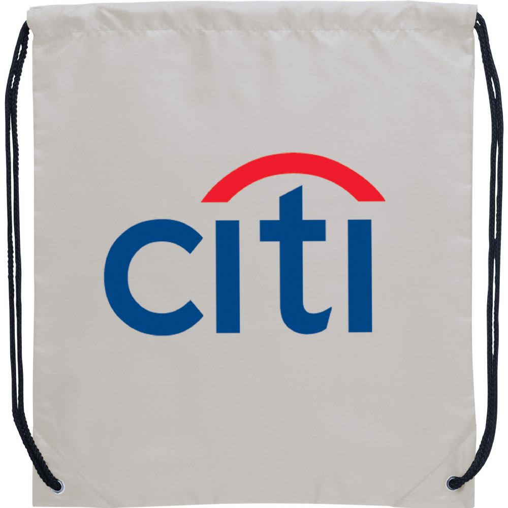 A light-coloured drawstring sportspack with a logo, featuring black drawstrings and a simple design.
