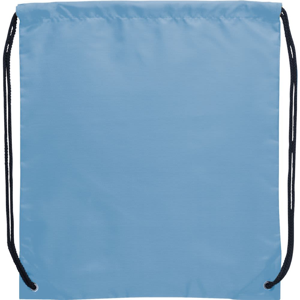 A blue drawstring sportspack bag with black drawstring cords. It features a simple design and includes a logo.