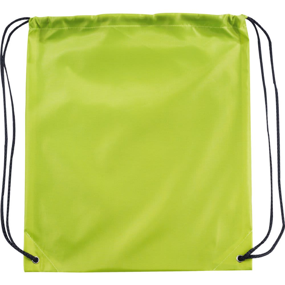 A bright green drawstring sportspack with black cords and a logo. Ideal for carrying essentials.