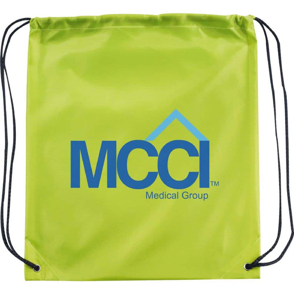 A lime green drawstring sportspack featuring a logo on the front.