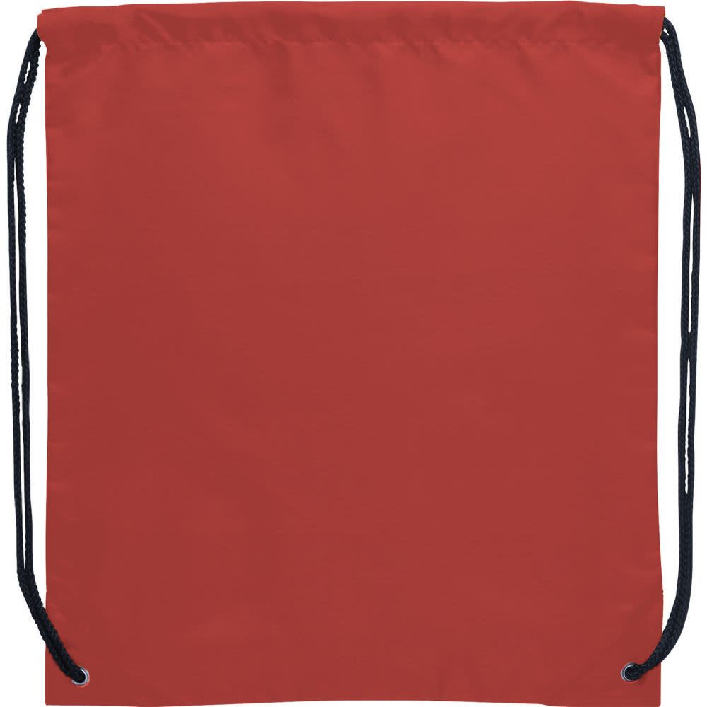 A red drawstring sportspack with black cords and a simple design. Features a logo on the front.