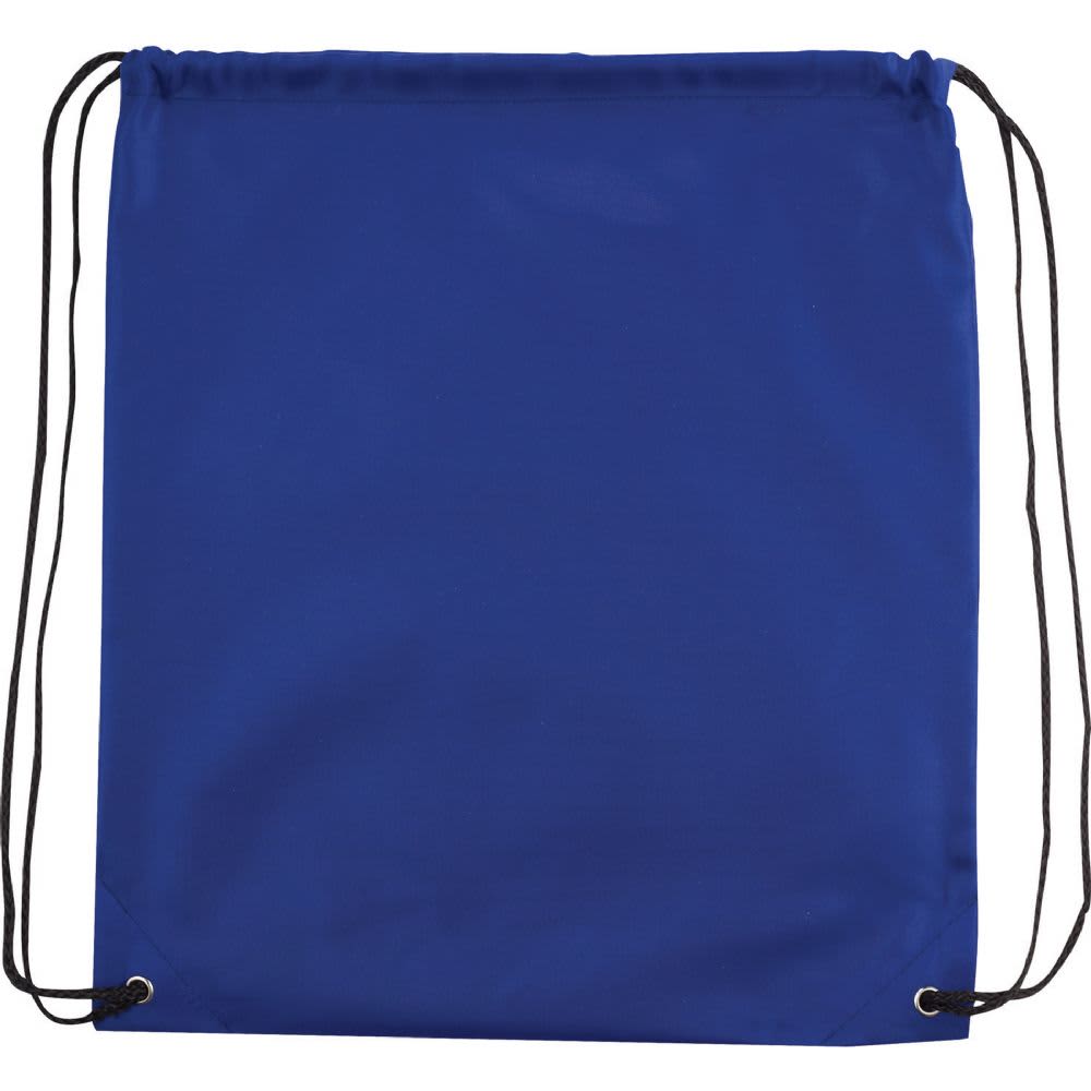 A blue drawstring sportspack featuring a logo and two adjustable black cords for carrying.