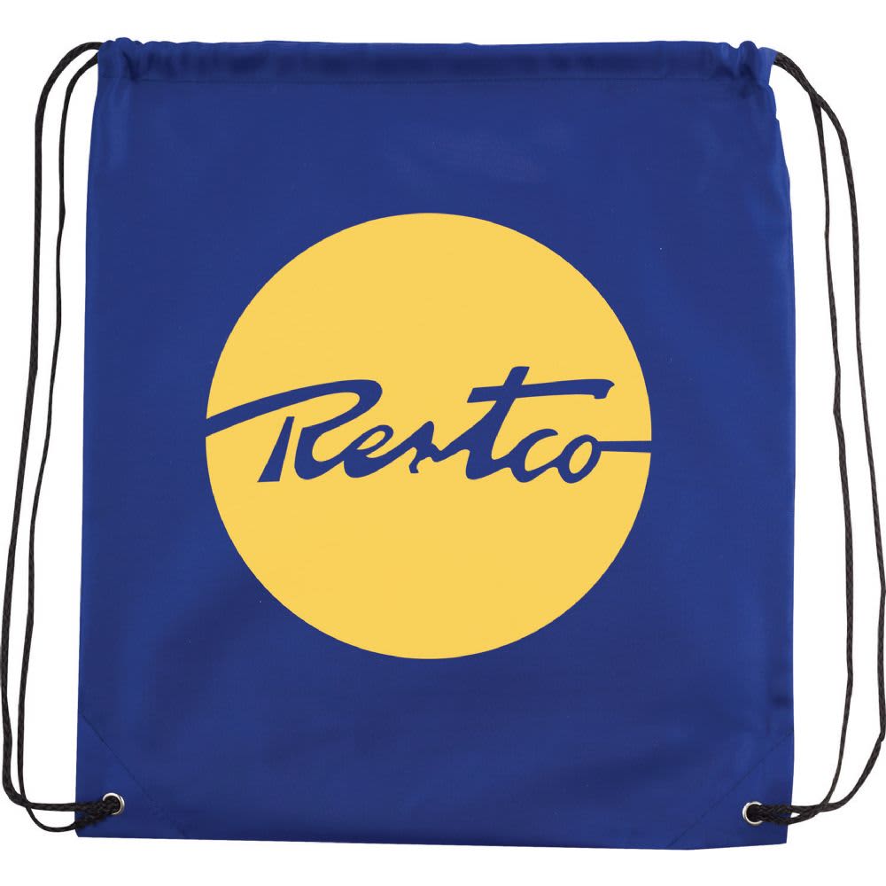 A blue drawstring sportspack with a large yellow circular logo and black drawstrings.