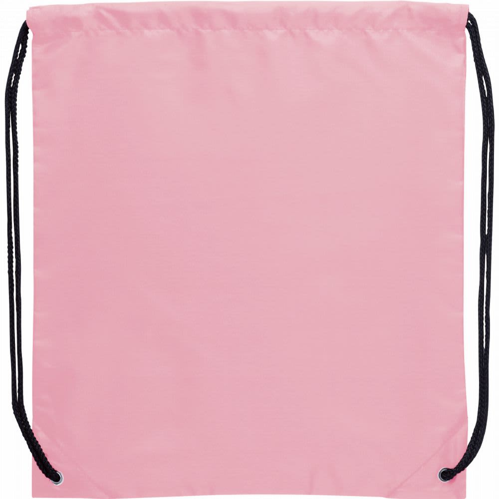 A pink drawstring sportspack with black drawstrings and a logo. Ideal for carrying small items.