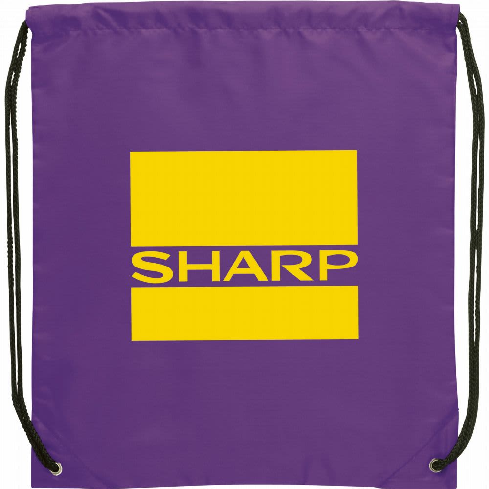A purple drawstring sportspack featuring a yellow logo. The bag has black drawstrings for closure.