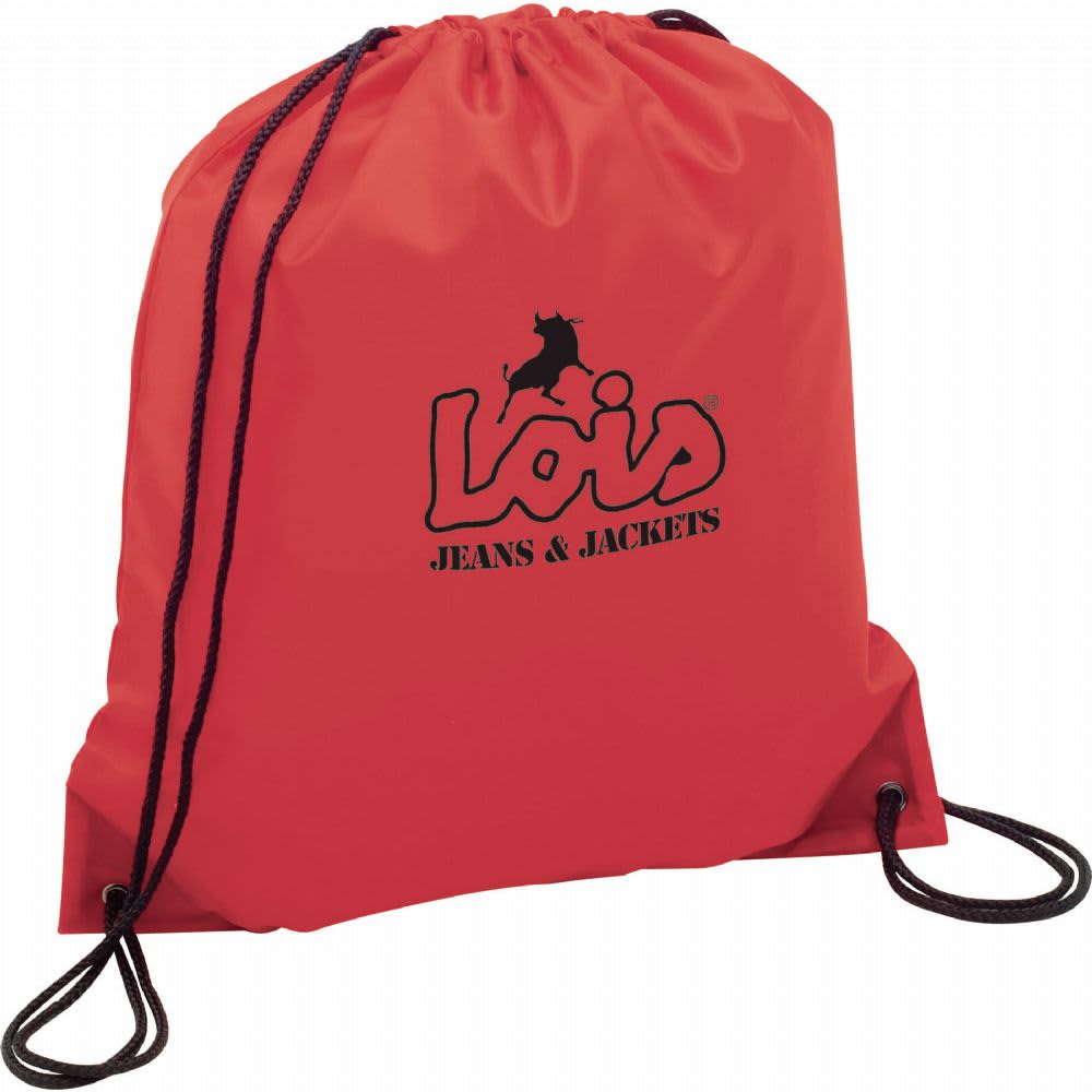 A red drawstring sportspack with black cords and a logo on the front. Designed for carrying personal items.