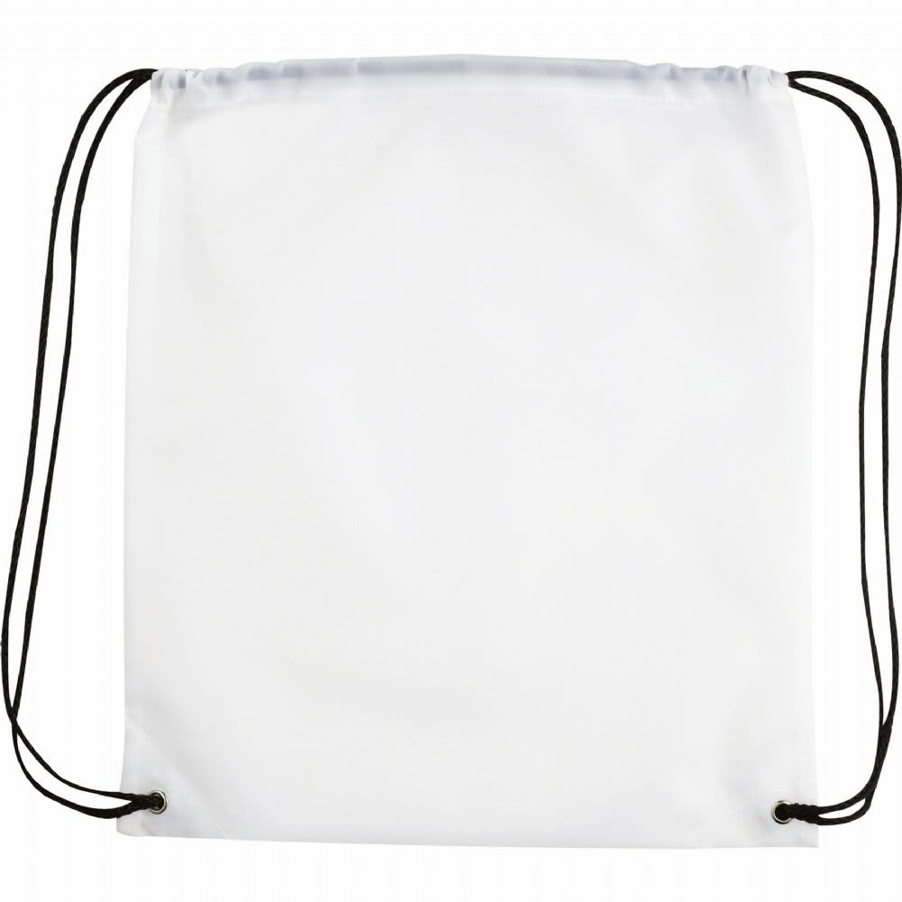 A white drawstring sportspack with black cords, featuring a simple design and no visible logo or branding.