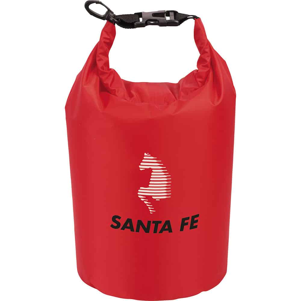 A red waterproof outdoor bag with a handle and a logo. Ideal for keeping contents dry.